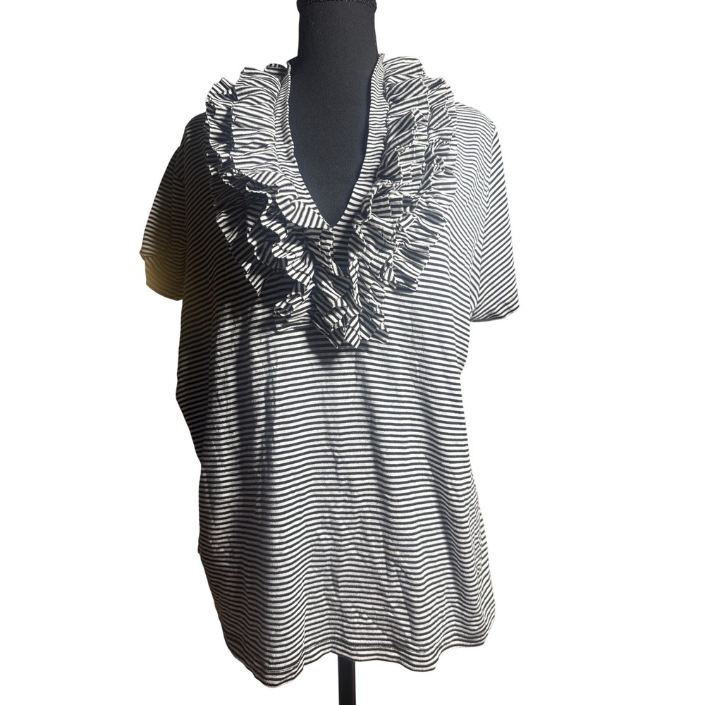 Soft Surroundings Womens Black White Striped Ruffle Neck Short Sleeve Top 1X